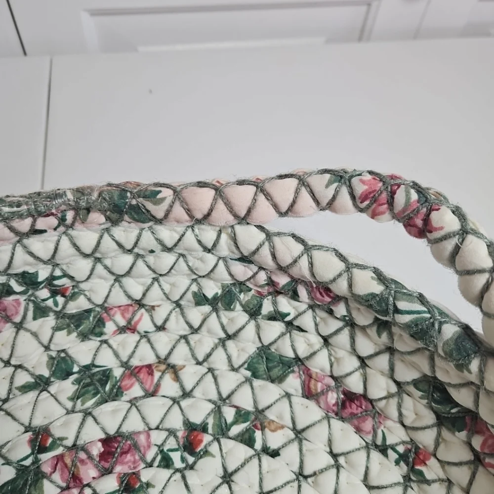 Vintage Braided Rag Rug Basket with Handles - Floral White Pink Green Tan